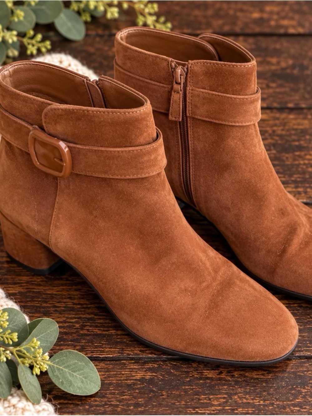 Alex Marie Chestnut Suede Ankle Booties with Buckle Strap